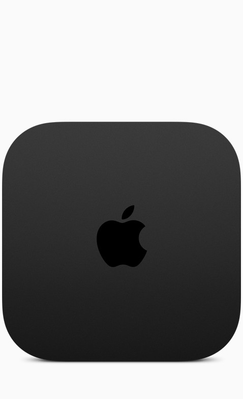 Svart Apple TV 4K, kvadratisk ovansida, rundade hörn, graverad Apple-logotyp. Släta, platta sidor.