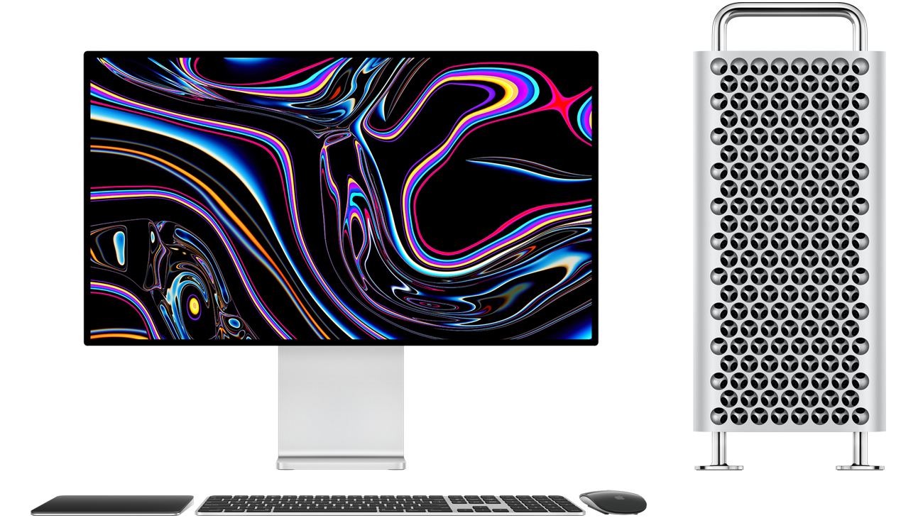 Torre Mac Pro ao lado do Pro Display XDR, Magic Trackpad preto e prateado, Magic Keyboard preto e prateado com Touch ID e teclado numérico, Magic Mouse preto e prateado