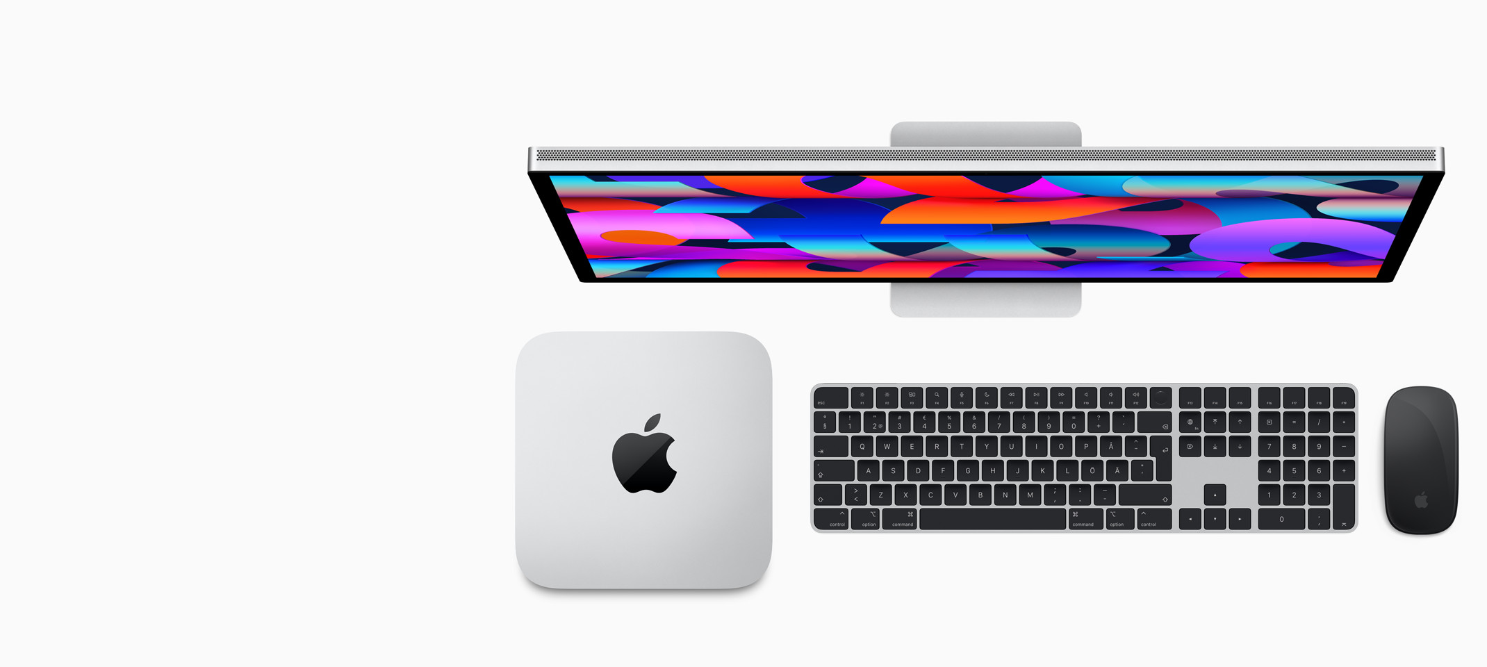 Studio Display, Mac Studio, Magic Keyboard Touch ID:llä ja numero­näppäimistöllä sekä Magic Mouse