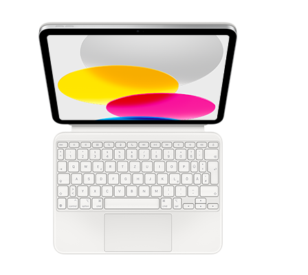 Magic Keyboard Folio, Weiß, Pfeiltasten in umgekehrter T‑Anordnung, integriertes Trackpad, iPad befestigt, Querformat