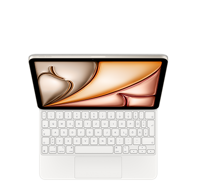 Magic Keyboard, Weiß, Pfeiltasten in umgekehrter T‑Anordnung, integriertes Trackpad, iPad befestigt, Querformat