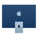 Un iMac blu visto da dietro, logo Apple al centro in blu più chiaro rispetto al guscio più scuro, sostegno con apertura per il cavo, porte USB-C e Thunderbolt in basso a sinistra, tasto di accensione in basso a destra