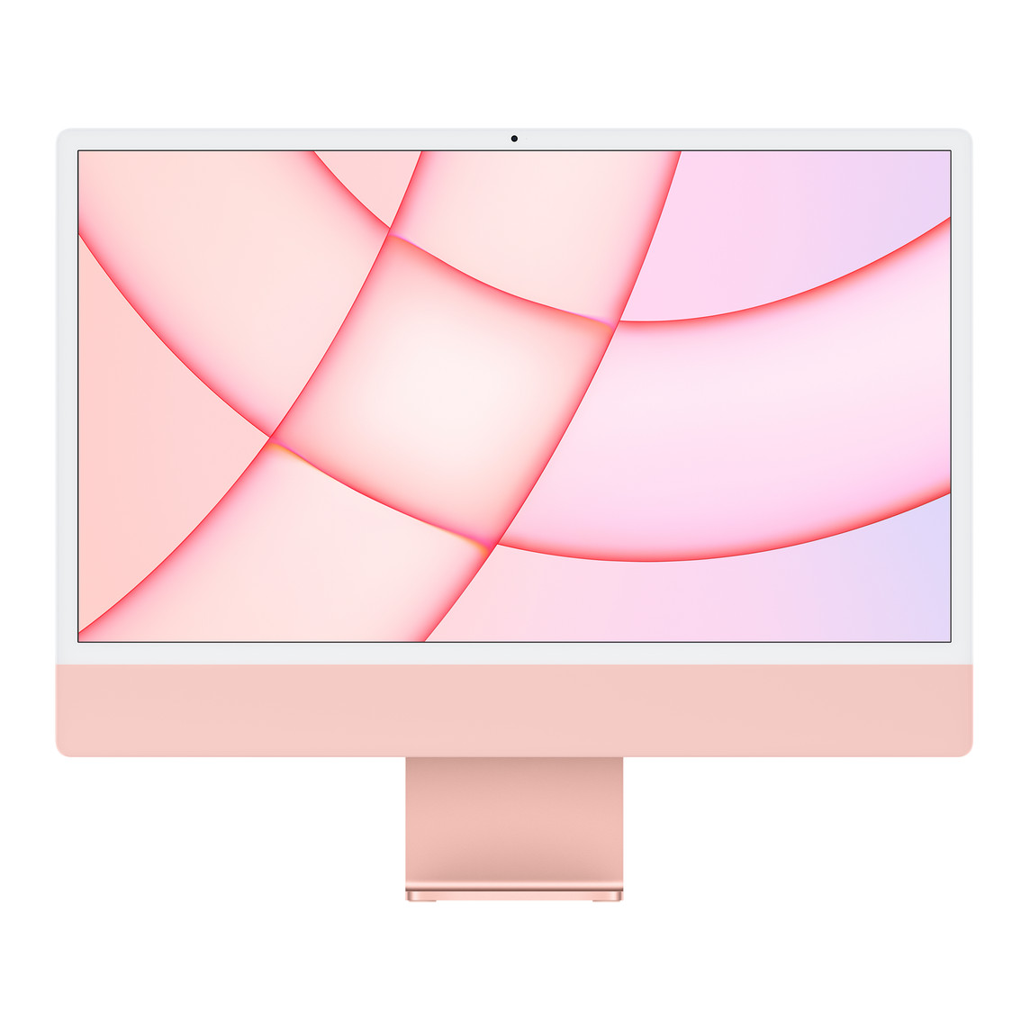 Un iMac visto da davanti, bordo bianco attorno allo schermo, guscio rosa e sostegno in alluminio