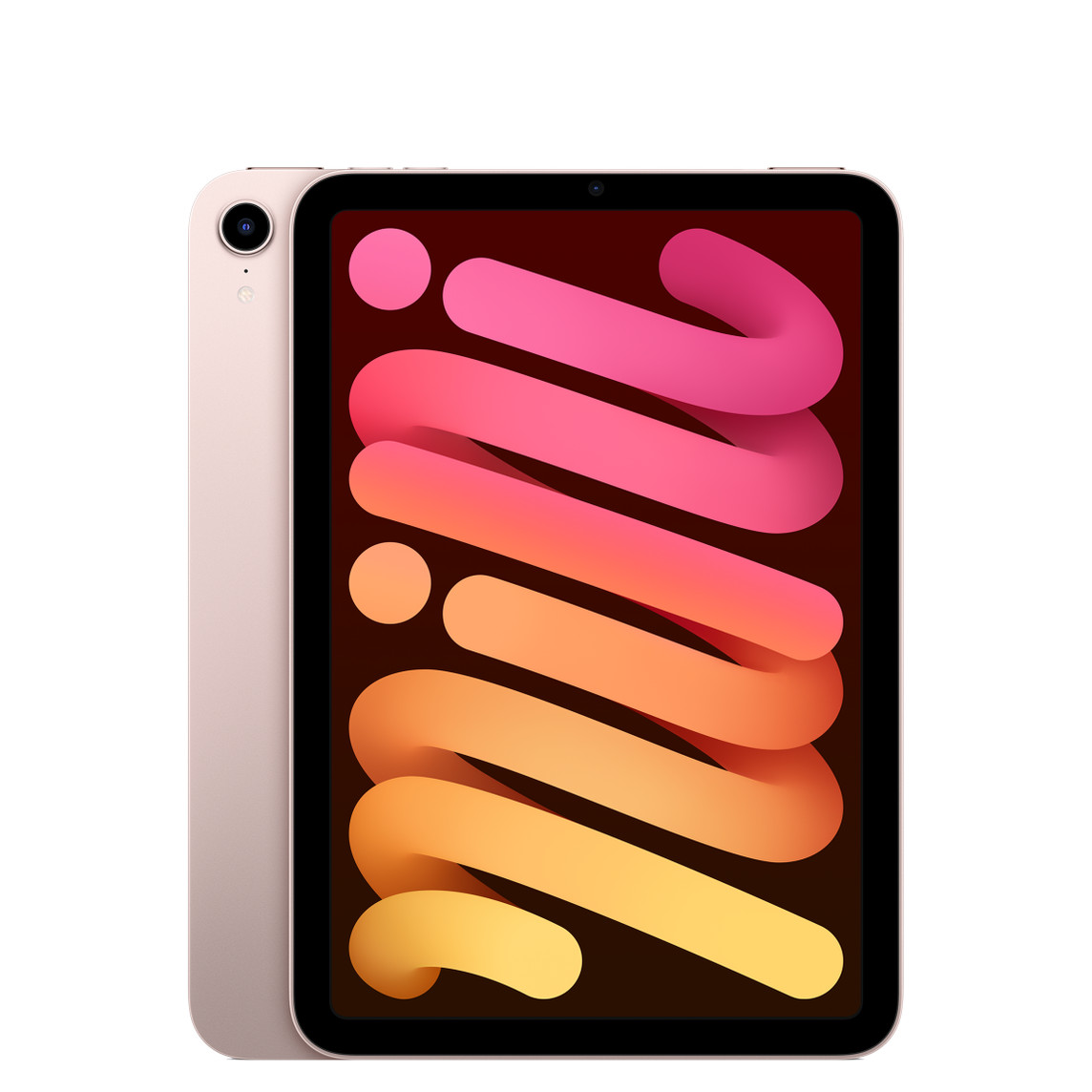 iPad mini, back exterior, single-lens camera top left, pink finish, front exterior, all-screen design, black display bezel