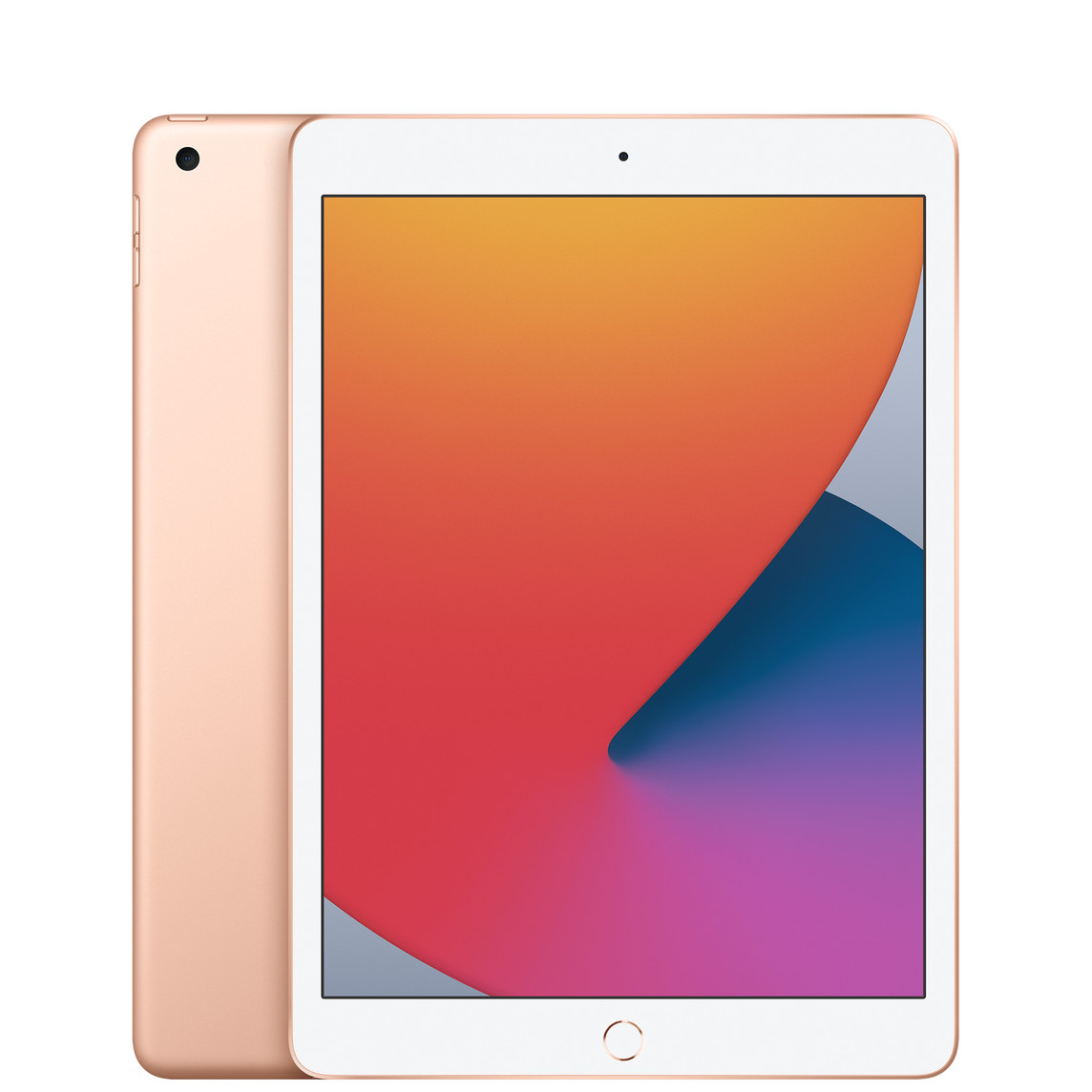 Achteraanzicht van iPad, camera met één lens linksboven, roségoudkleurige uitvoering, vooraanzicht, all-screendesign, witte schermrand