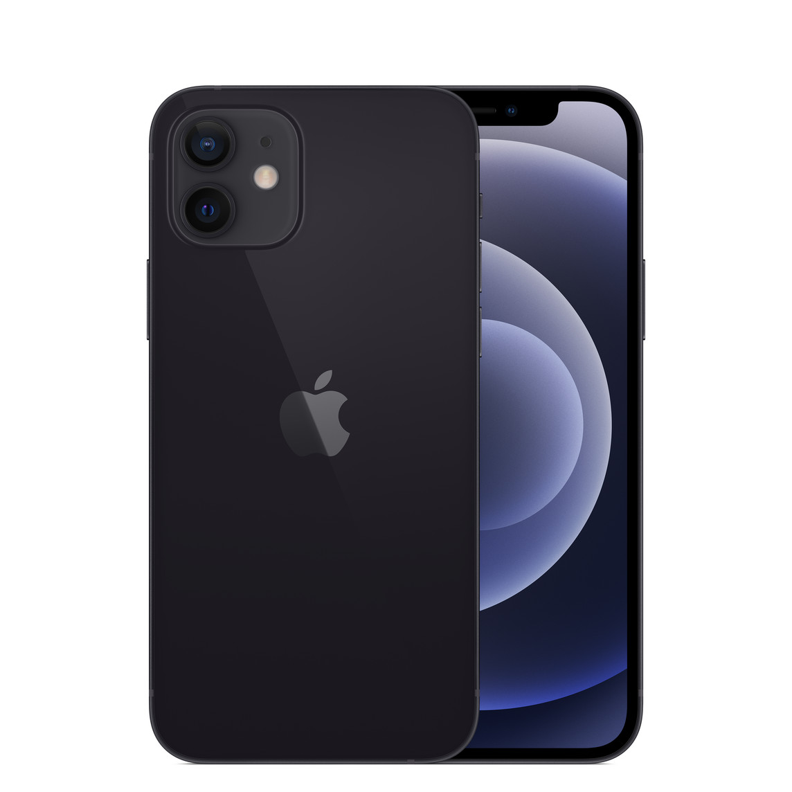 iPhone 12 in Schwarz, Zwei-Kamera-System mit True Tone Blitz, Mikrofon, Apple Logo in der Mitte, Vorderseite, All-Screen Display