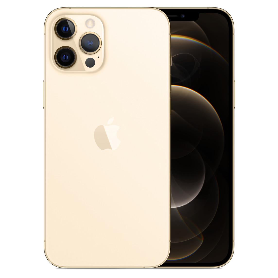 Goudkleurige iPhone 12 Pro Max, pro-camerasysteem met True Tone Flash, LiDAR, microfoon, Apple logo in het midden. Voorkant, all-screendisplay