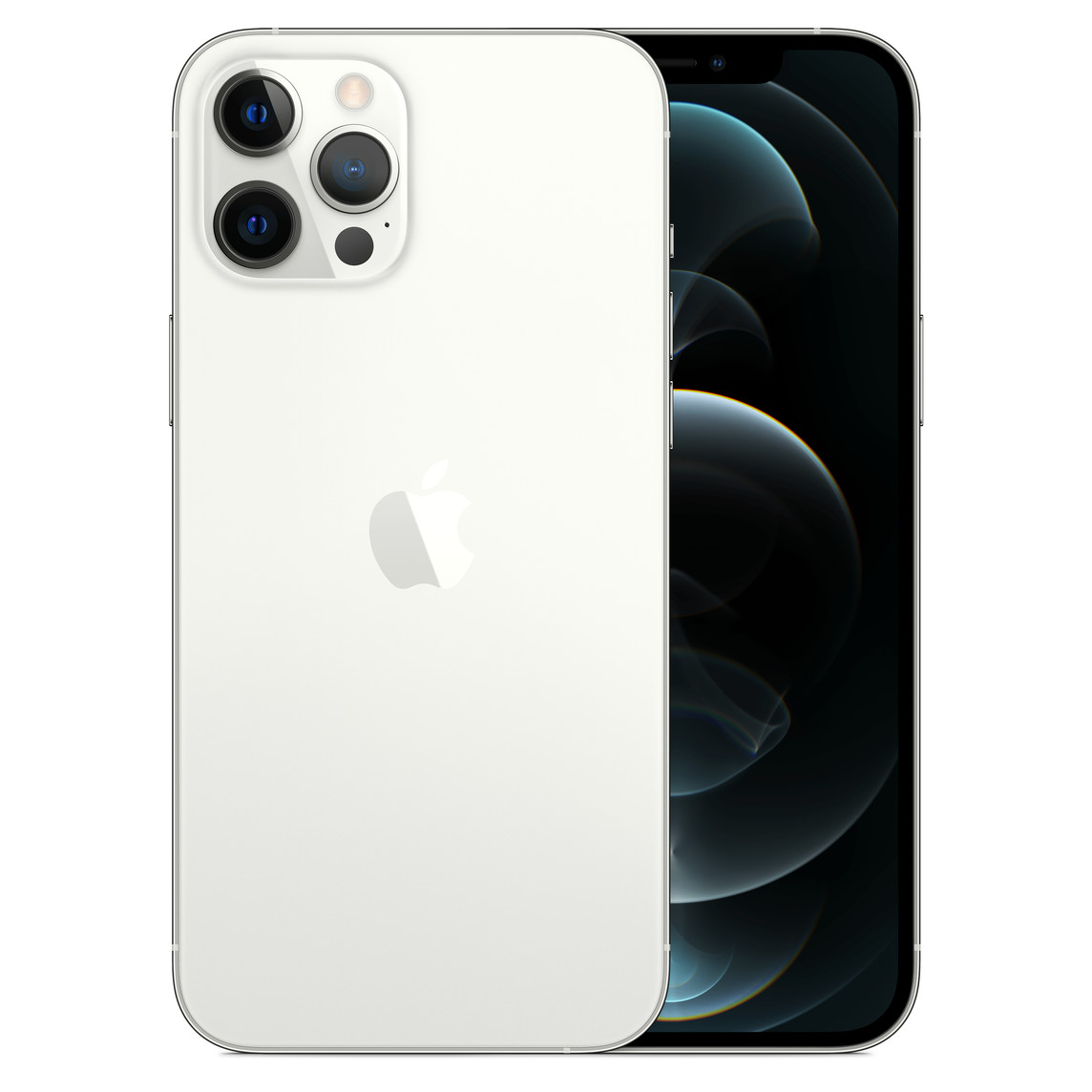 Zilverkleurige iPhone 12 Pro Max, pro-camerasysteem met True Tone Flash, LiDAR, microfoon, Apple logo in het midden. Voorkant, all-screendisplay
