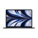 Un MacBook Air aperto, cornice sottile, videocamera FaceTime HD, piedini rialzati, angoli arrotondati, color mezzanotte