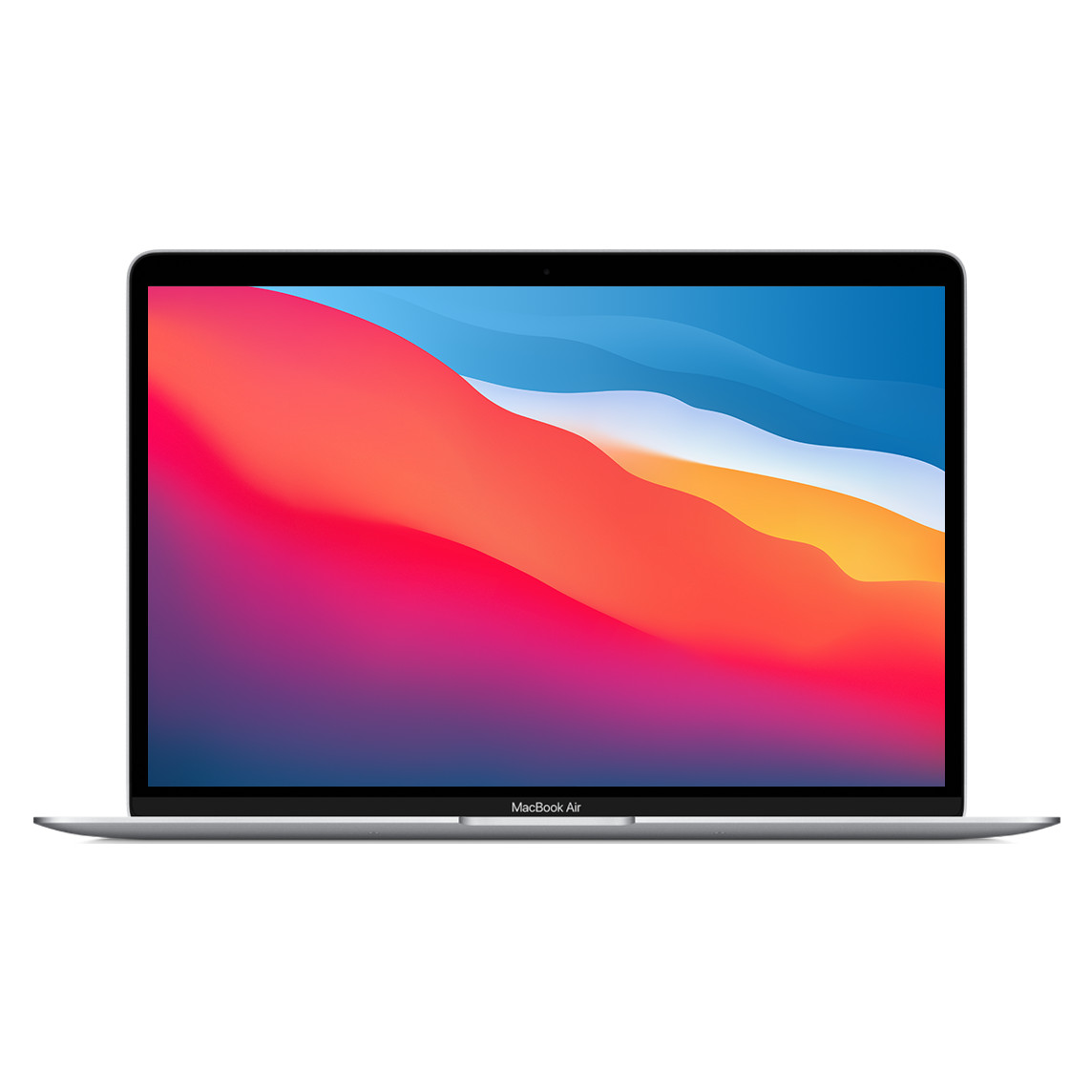 MacBook Air de 13,3 pulgadas abierto en plata que muestra el marco fino, la cámara FaceTime HD y las esquinas redondeadas