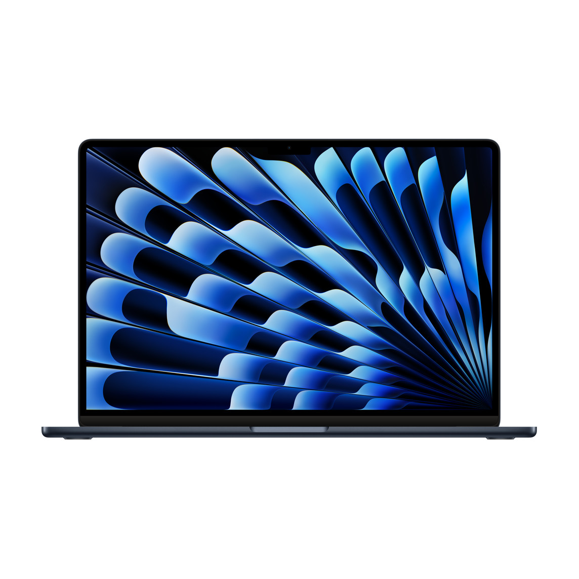 Un MacBook Air aperto, cornice sottile, videocamera FaceTime HD, piedini rialzati, angoli arrotondati, color mezzanotte