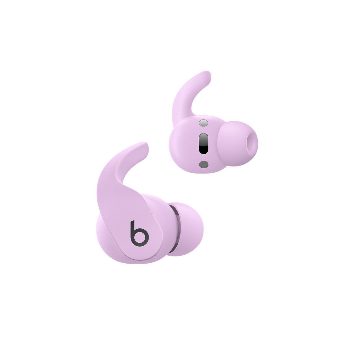 Beats Fit Pro, o autêntico fone de ouvido sem fio, na cor roxo pastel, mostrando os controles nos fones para atender ligações e controlar a música. 