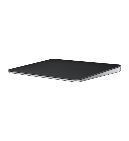 Image d’un Magic Trackpad noir montrant sa vaste surface de verre qui s’étend d’un bord à l’autre et qui facilite le défilement et le balayage.