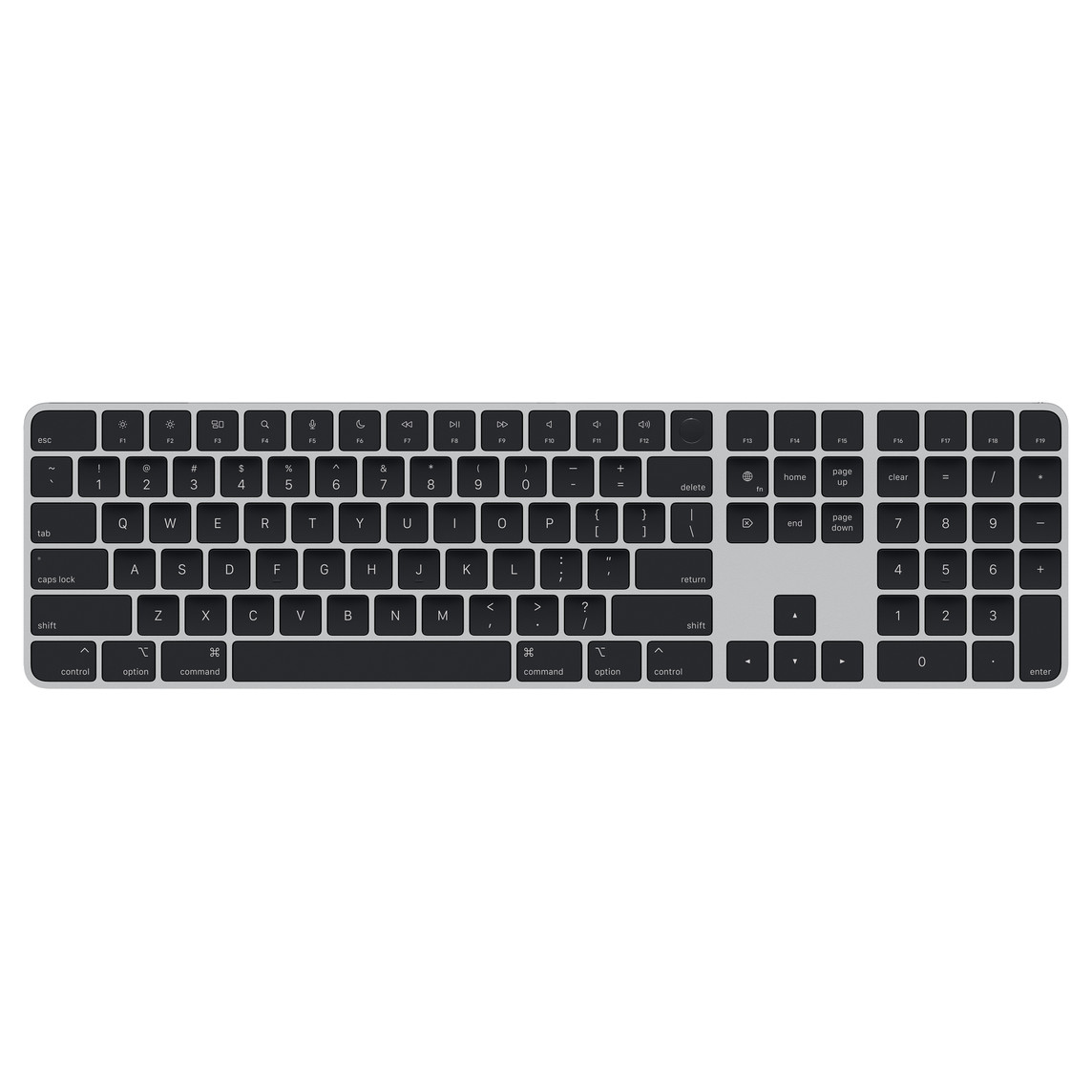 El Magic Keyboard con teclado numérico negro tiene un diseño en forma de T invertida para las teclas de flechas, así como teclas específicas para avanzar y retroceder de página.