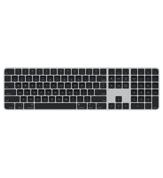 El Magic Keyboard con teclado numérico negro tiene un diseño en forma de T invertida para las teclas de flechas, así como teclas específicas para avanzar y retroceder de página.