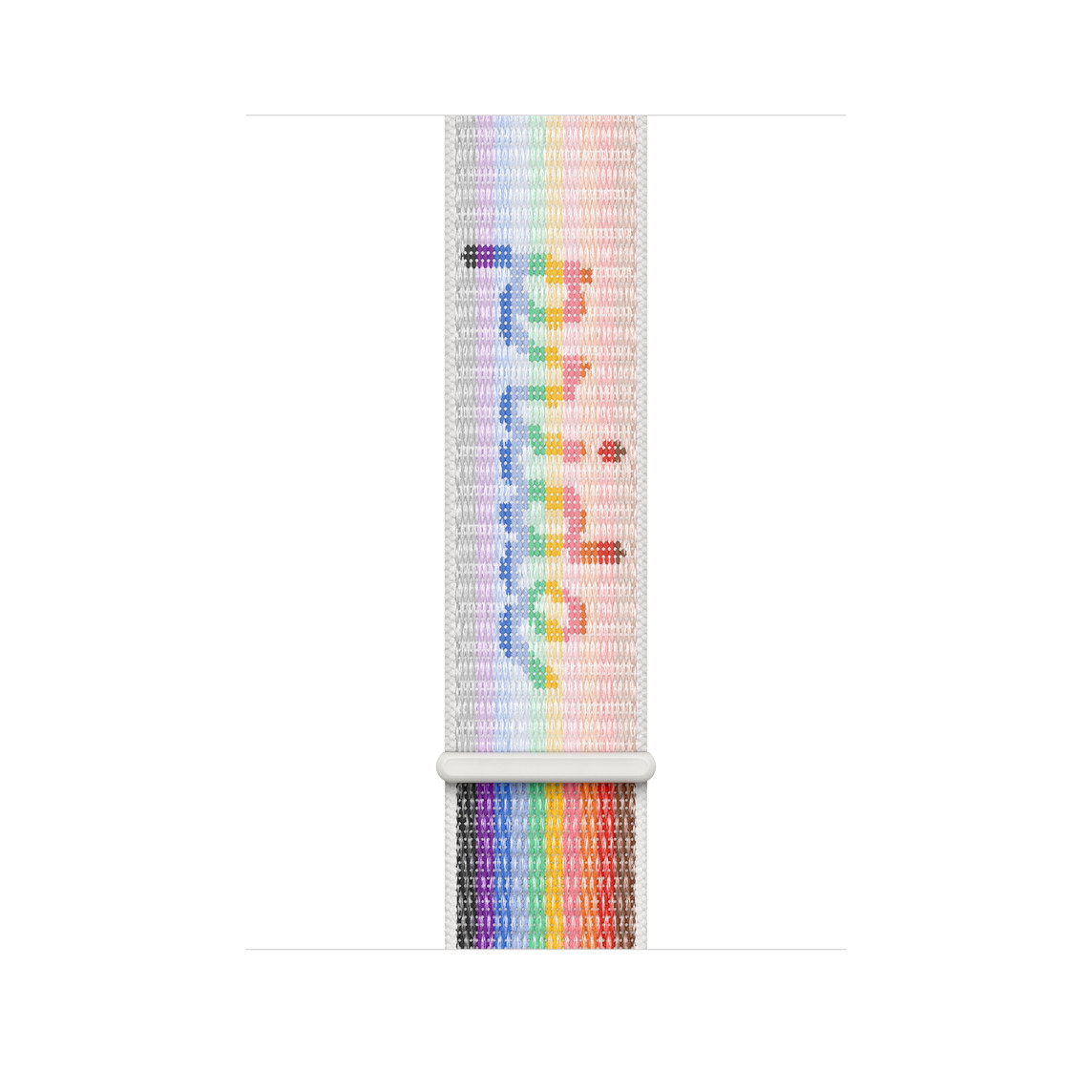 La correa loop deportiva Edición Orgullo (multicolor) para caja de 45 mm tiene un cierre ajustable con la palabra "pride" incorporada en su trama.