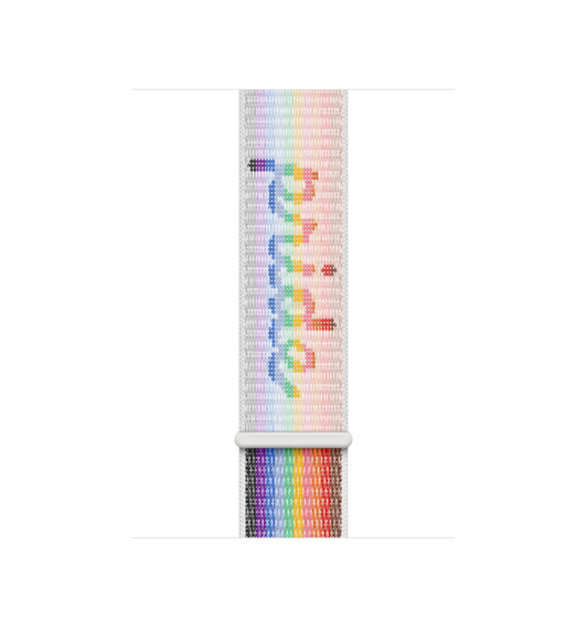 La correa loop deportiva Edición Orgullo (multicolor) para caja de 45 mm tiene un cierre ajustable con la palabra "pride" incorporada en su trama.