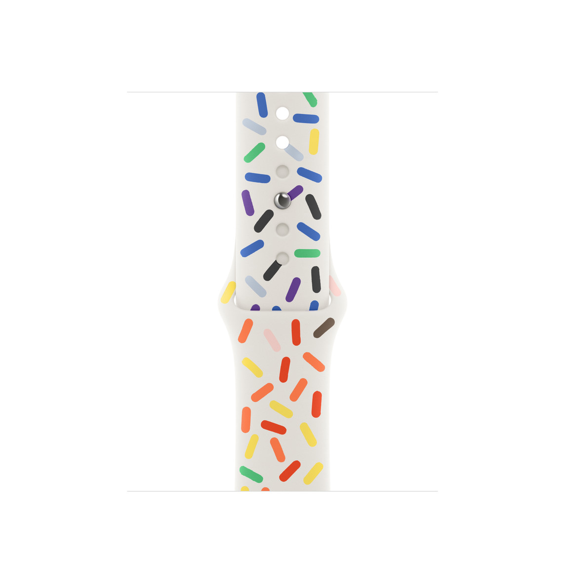 Correa deportiva Edición Orgullo, blanca decorada con óvalos de varios colores del arcoíris, hecha de fluoroelastómero suave con cierre de encastre.