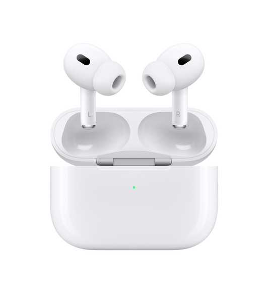 Interior AirPods Pro and MagSafe Charging Case, Right and Left Earbud with Noise Cancelling Microphone at Top of Each Bud, Silicone Tip at End of Each Bud. Top of MagSafe Case Open, Attached by Silver Hinge.