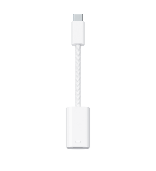 Adaptador de USB-C para Lightning com conector USB-C, cabo trançado e porta Lightning.