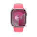 Pulseira loop solo rosa mostrando a caixa de 45 mm e a Digital Crown do Apple Watch.