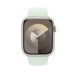 Correa deportiva color menta claro de un Apple Watch con caja de 45 milímetros y Digital Crown.