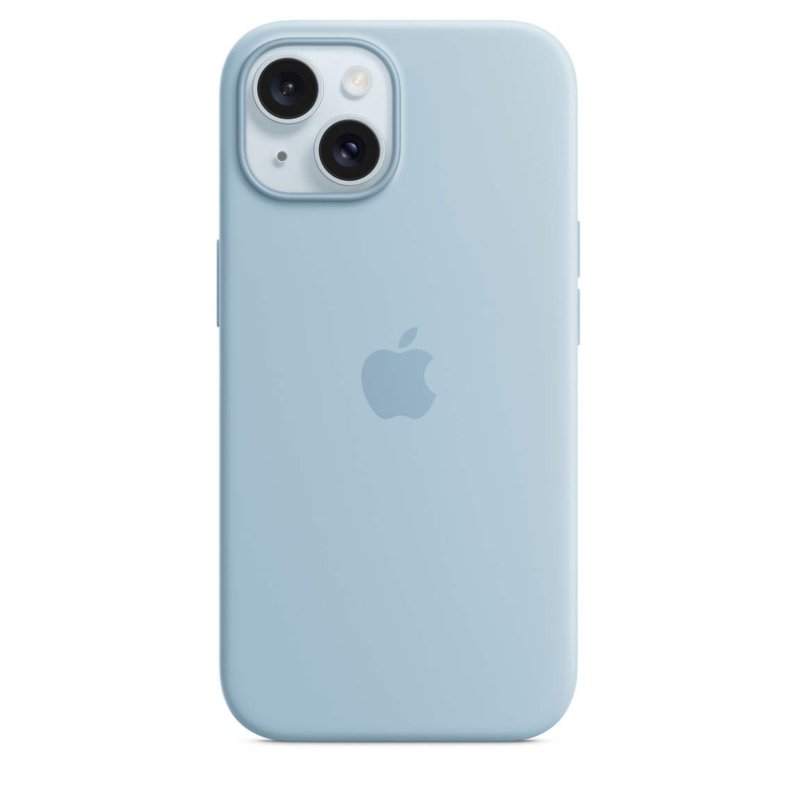 Capa de silicone azul-clara com MagSafe para iPhone 15, com logotipo da Apple gravado no centro, encaixada no iPhone 15 azul, com recorte para câmera.