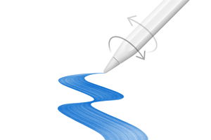 Arrows point clockwise and anticlockwise around Apple Pencil body, Apple Pencil follows a brush line