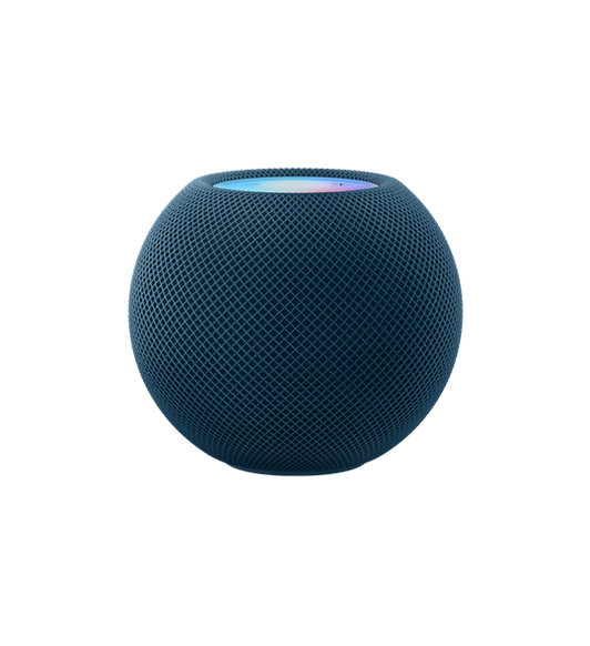 Vista frontal del HomePod mini azul.