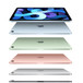 iPad Air devices, spaced horizontally, camera on back, in available colours, from bottom to top, Space Grey, Silver, Rose Gold, Green, Sky Blue. Top image is iPad Air with colourful image on screen