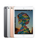 iPad mini devices in space grey, silver, gold. Front of iPad mini with image on screen, home button at bottom, white display bezel