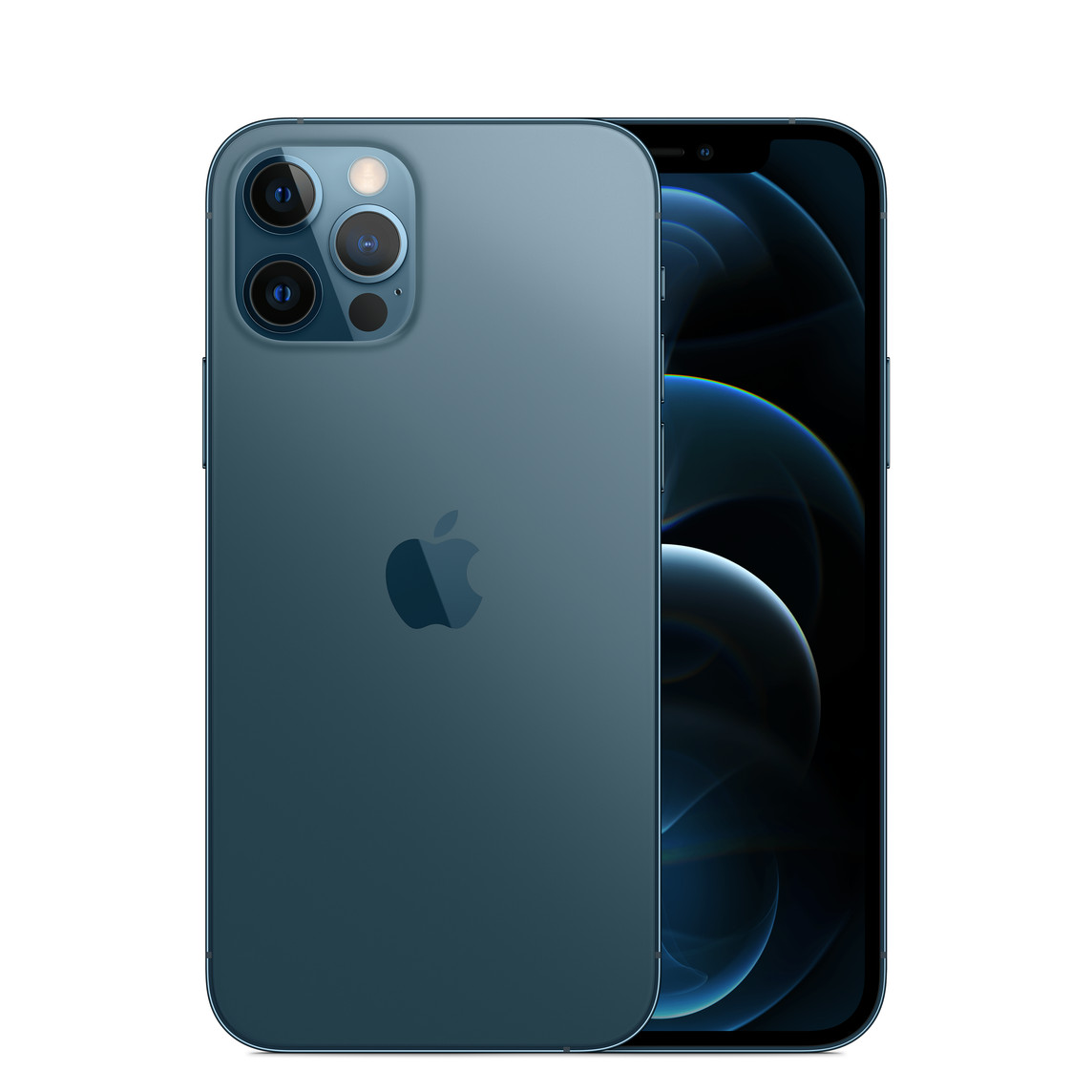 Blue iPhone 12 Pro, Pro camera system with True Tone flash, lidar, microphone, centered Apple logo, front, all-screen display