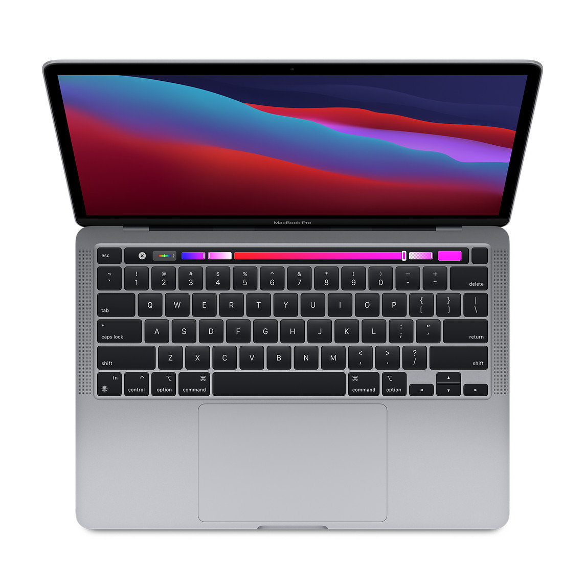 MacBook Pro, open top, display, keyboard with full height function key row and circular Touch ID button, trackpad, Space Gray