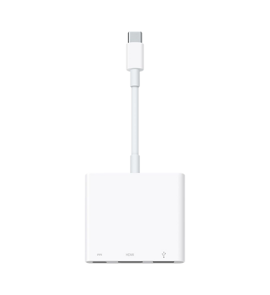 USB-C Digital AV Multiportアダプタ。これを使うと、USB-Cポートを搭載したMacまたはiPadをHDMIディスプレイに接続し、同時に標準的なUSBデバイスやUSB-C充電ケーブルをつなぐことができる。