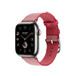 フランボワーズ（ピンク）とエクリュのトワルHシンプルトゥールストラップ。Apple Watchの文字盤とDigital Crownが見えている。