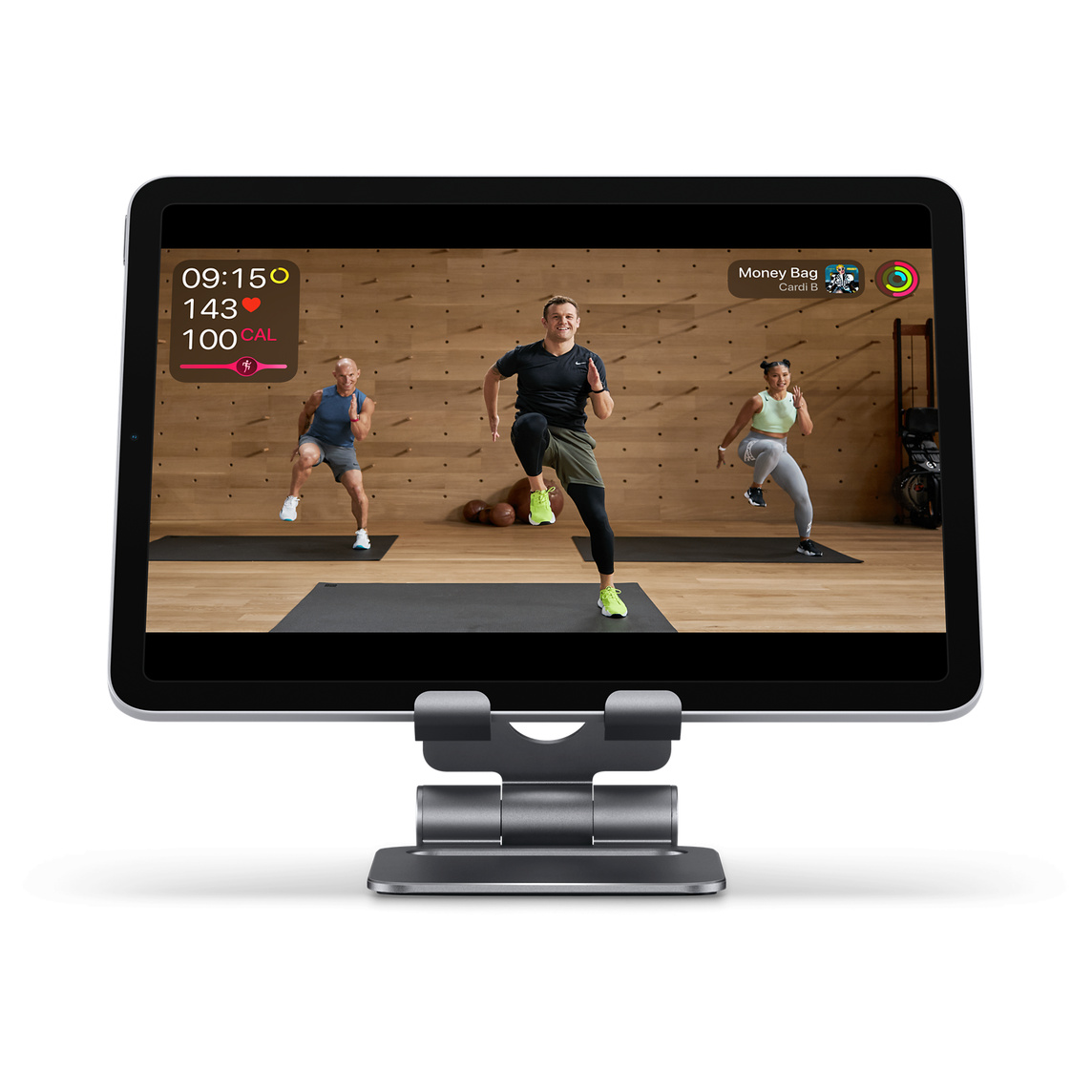 Satechi 摺合式鋁金屬企架可妥善固定好你的 iPhone 或 iPad，方便觀看健身影片或進行 FaceTime 通話。