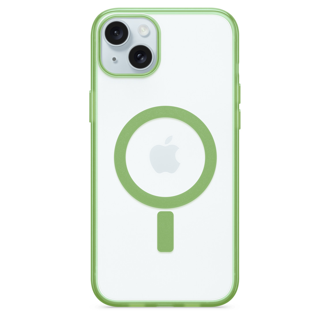 透明 iPhone 保护壳 OtterBox Lumen 系列包覆着 iPhone 15 Plus，展示色彩相衬的 Apple MagSafe 磁吸环。