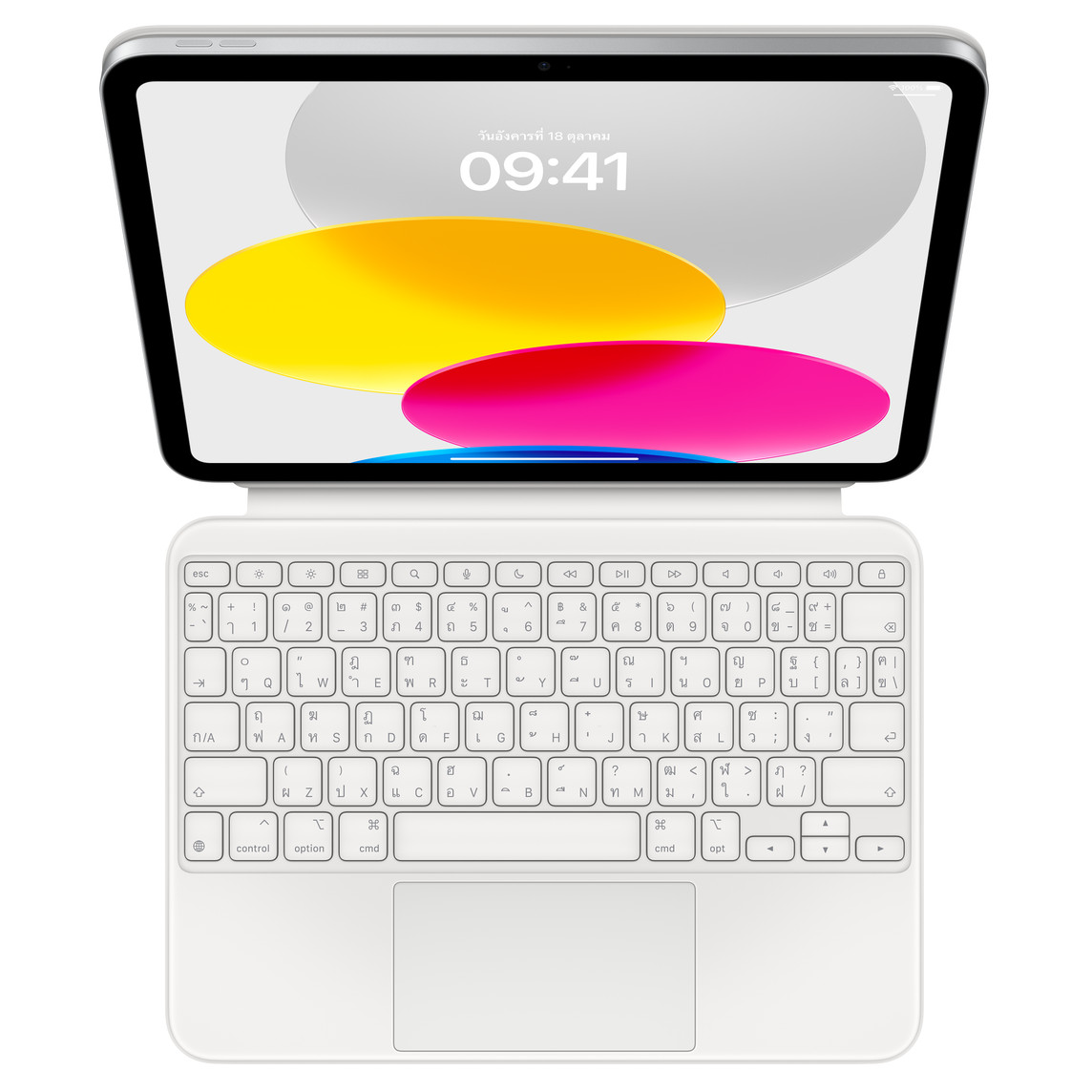มุมมองด้านบนแบบมองลงมาที่แสดง iPad ซึ่งเชื่อมต่อกับ Magic Keyboard Folio ที่วางบนพื้นราบ หน้าจอที่แสดงภาพกราฟิกวงกลมหลากสี