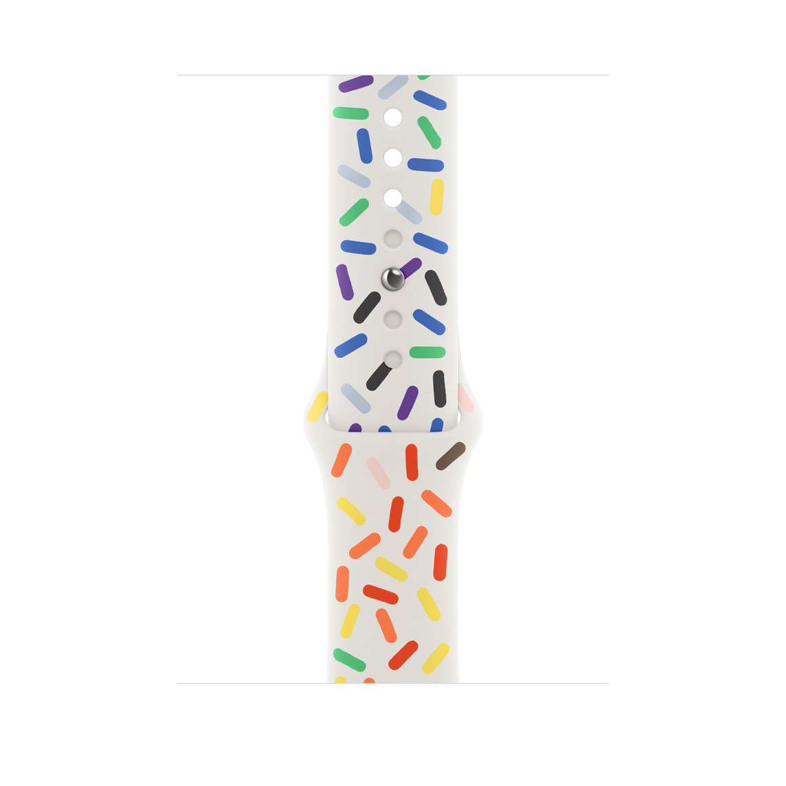 彩虹版运动型表带，白色表带上缀满了不同彩虹色的实心椭圆图案，展示顺滑的氟橡胶材质和按扣加收拢式表扣。