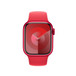 红色运动型表带的搭配效果，展示 Apple Watch 41 毫米表壳和数码表冠。