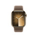 灰褐色磁力手帶錶帶的正面，並展示 Apple Watch 的錶面及數碼錶冠