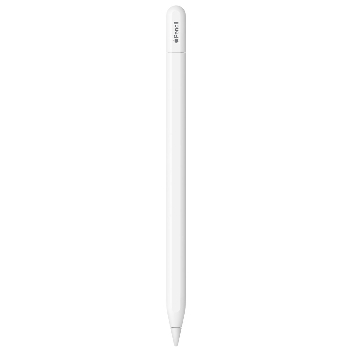 캡에 Apple Pencil이라는 각인이 새겨진 화이트 색상의 Apple Pencil(USB-C). Apple 로고로 Apple이라는 단어를 표현하고 있습니다