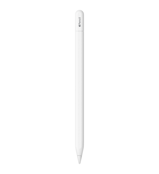 캡에 Apple Pencil이라는 각인이 새겨진 화이트 색상의 Apple Pencil(USB-C). Apple 로고로 Apple이라는 단어를 표현하고 있습니다