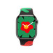 Apple Watch Series 9 搭配 Black Unity「團結花開」運動錶帶，錶面展示一朵紅花，中央為黃色，底下則是一朵更大的綠花，其花瓣延伸到錶面之外，時針和分針均為白色。