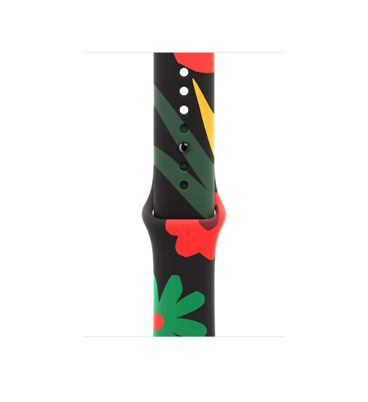 Black Unity 運動錶帶 Unity 之花款式，綴有簡約的繪製花朵圖案，花朵形狀和大小各異，呈紅色、綠色和黃色；錶帶採用收入式鈕扣。