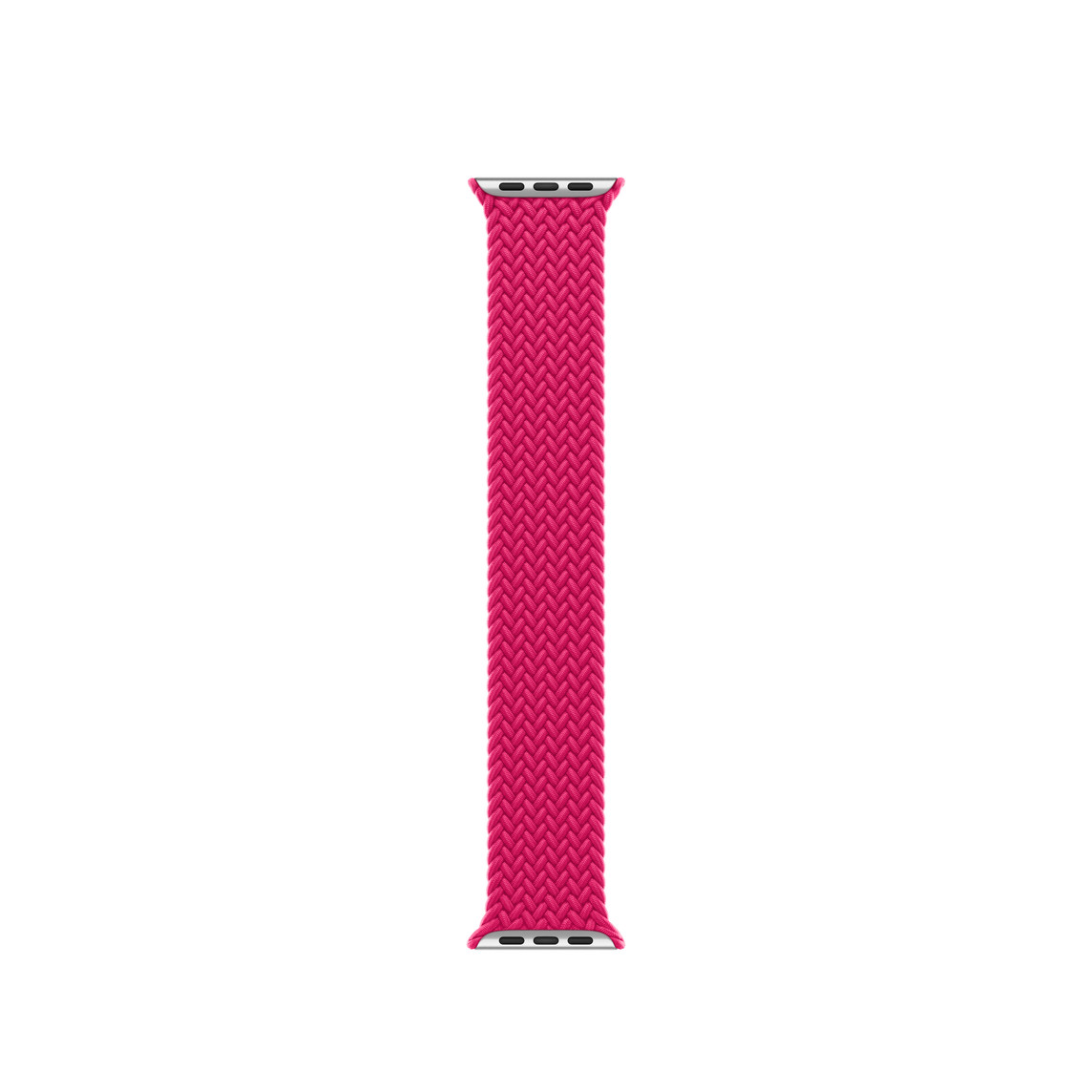 树莓色编织单圈表带，展示交错编织的聚酯纤维和硅胶丝材质以及无表扣设计。