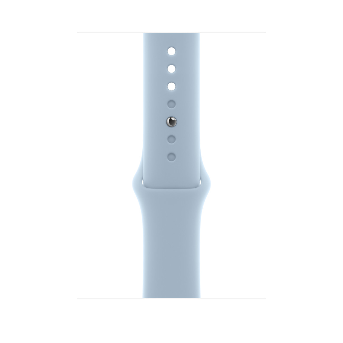 浅蓝色运动型表带，展示顺滑的氟橡胶材质和按扣加收拢式表扣。