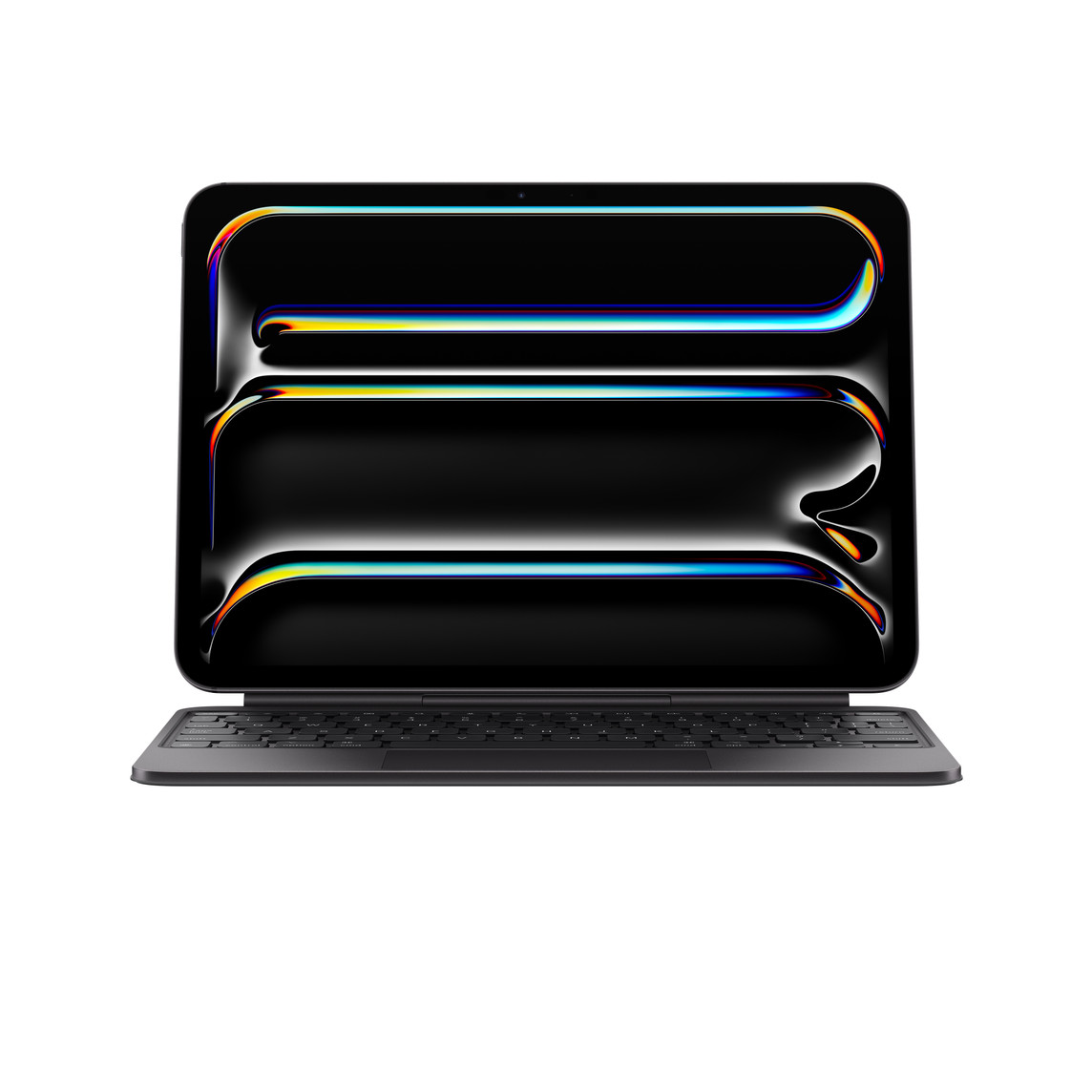 iPad Pro를 블랙 색상 Magic Keyboard에 가로 방향으로 부착한 모습