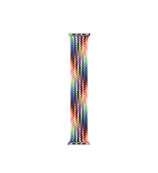 Pride Edition Braided Solo Loop band, threads woven in a neon array of colours inspired by the vibrant rainbow Pride flag, with no clasps or buckles
