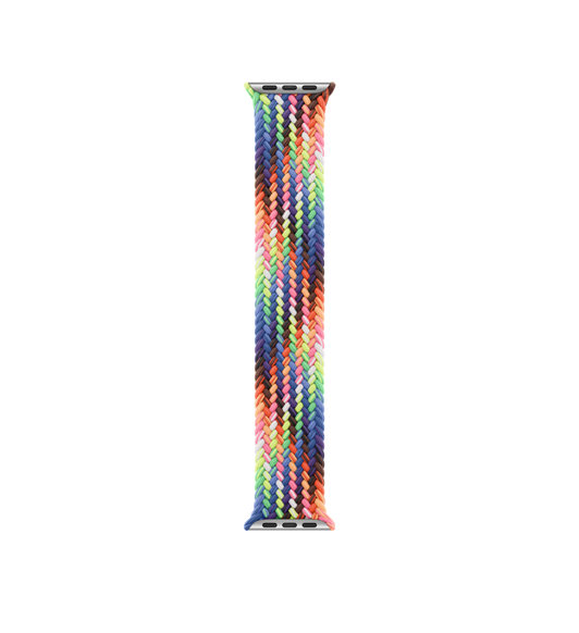 Pride Edition Braided Solo Loop band, threads woven in a neon array of colors inspired by the vibrant rainbow Pride flag, with no clasps or buckles